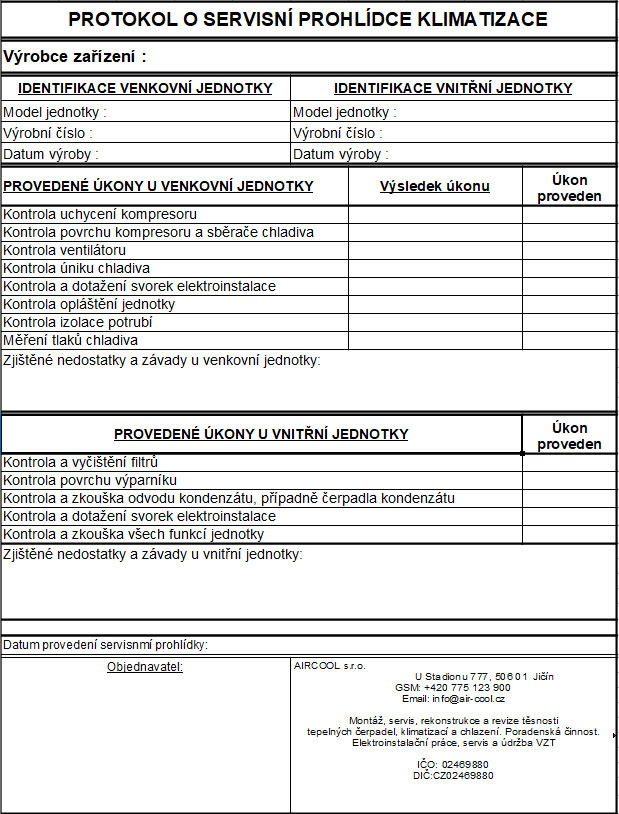 servisní protokol klimatizace